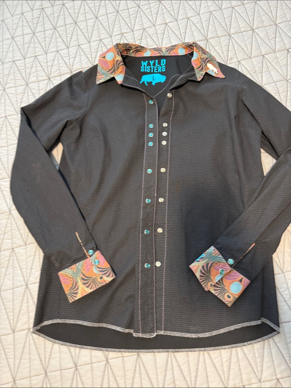 Black Button-Down Shirt with Multicolor Trim